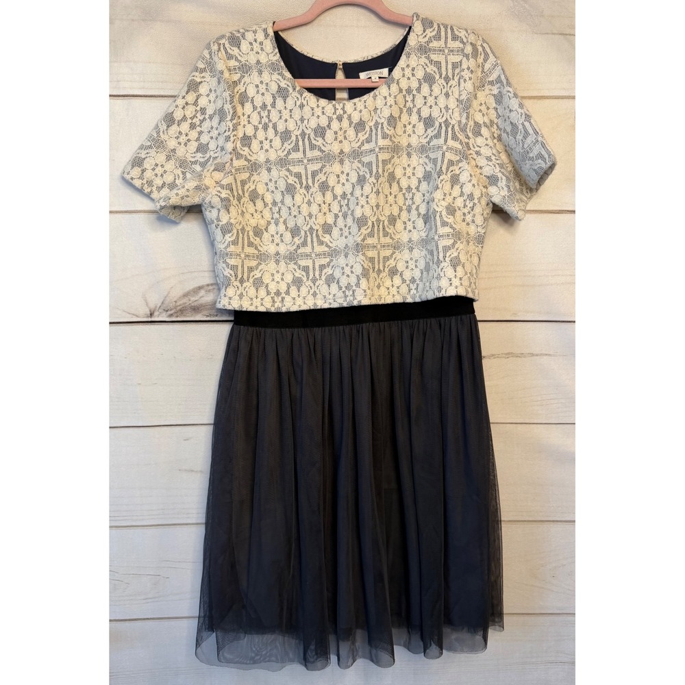 Weston Womens Lace Tulle Mixed Media Dress Navy Blue Ivory Size M Short Sleeve